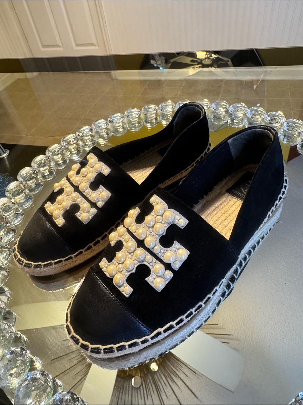 Tory Burch Black Suede & Leather Espadrilles with Pearl-Embellished Logo. Sz 5